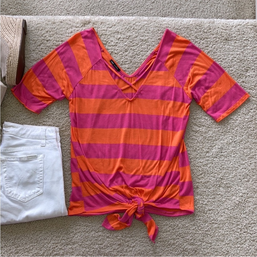 Pink & Orange Stripe V Neck Top - Picture 1 of 5